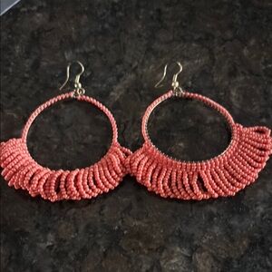 Orange Fringe Hoop Earrings with Textured Detail